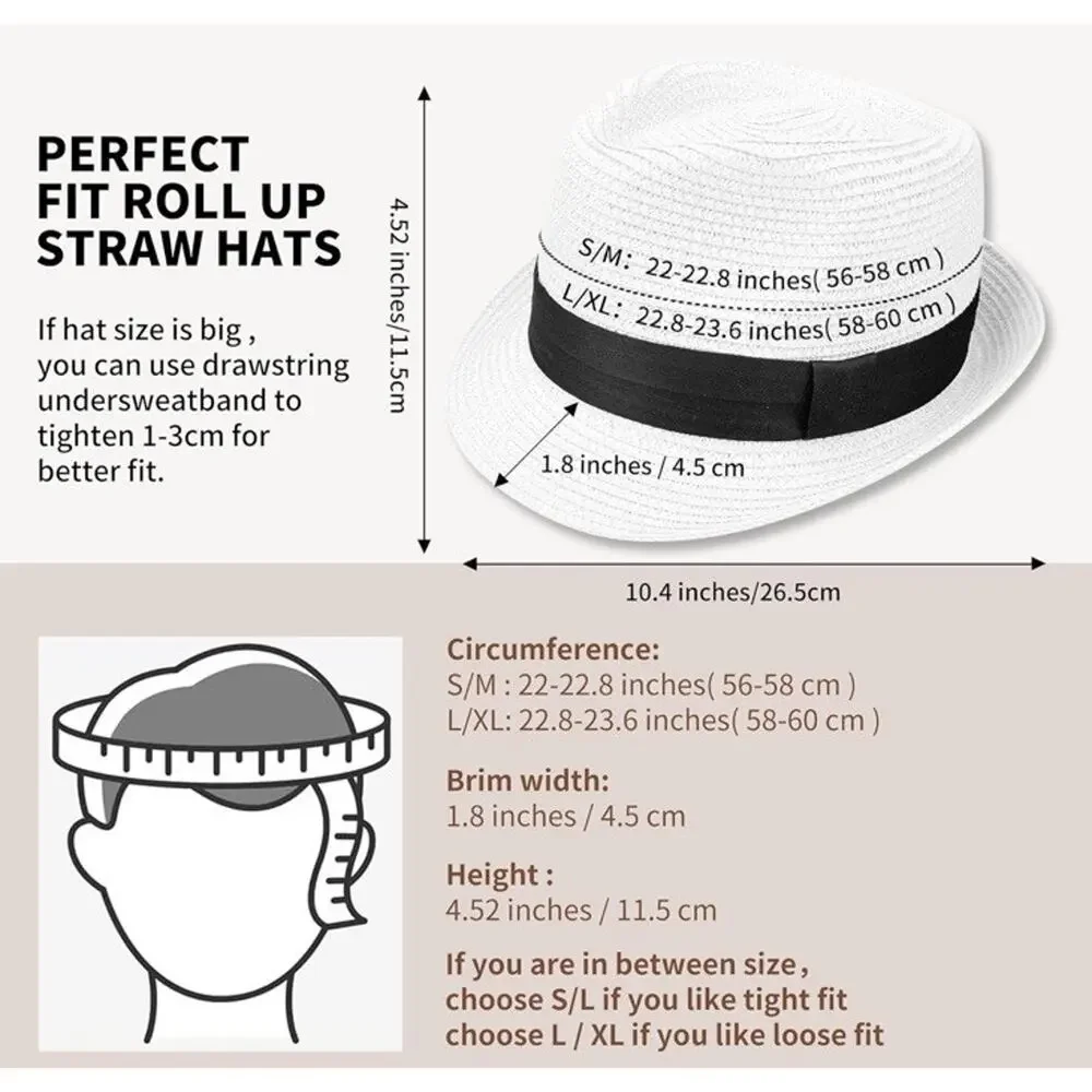 Unisex Straw Fedora Trilby Hat UPF 50+ Packable Summer Beach Sun Hat Size L/XL‎